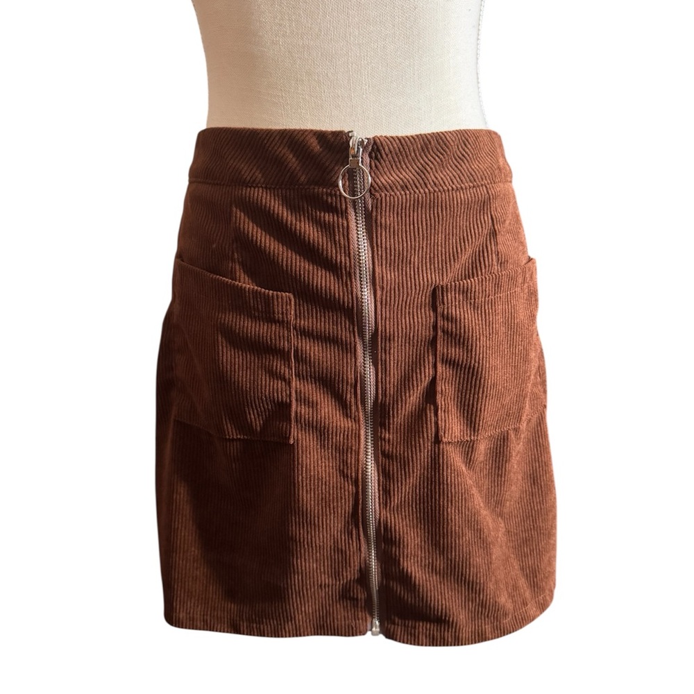 Brown Corduroy Mini Skirt with Front Zipper